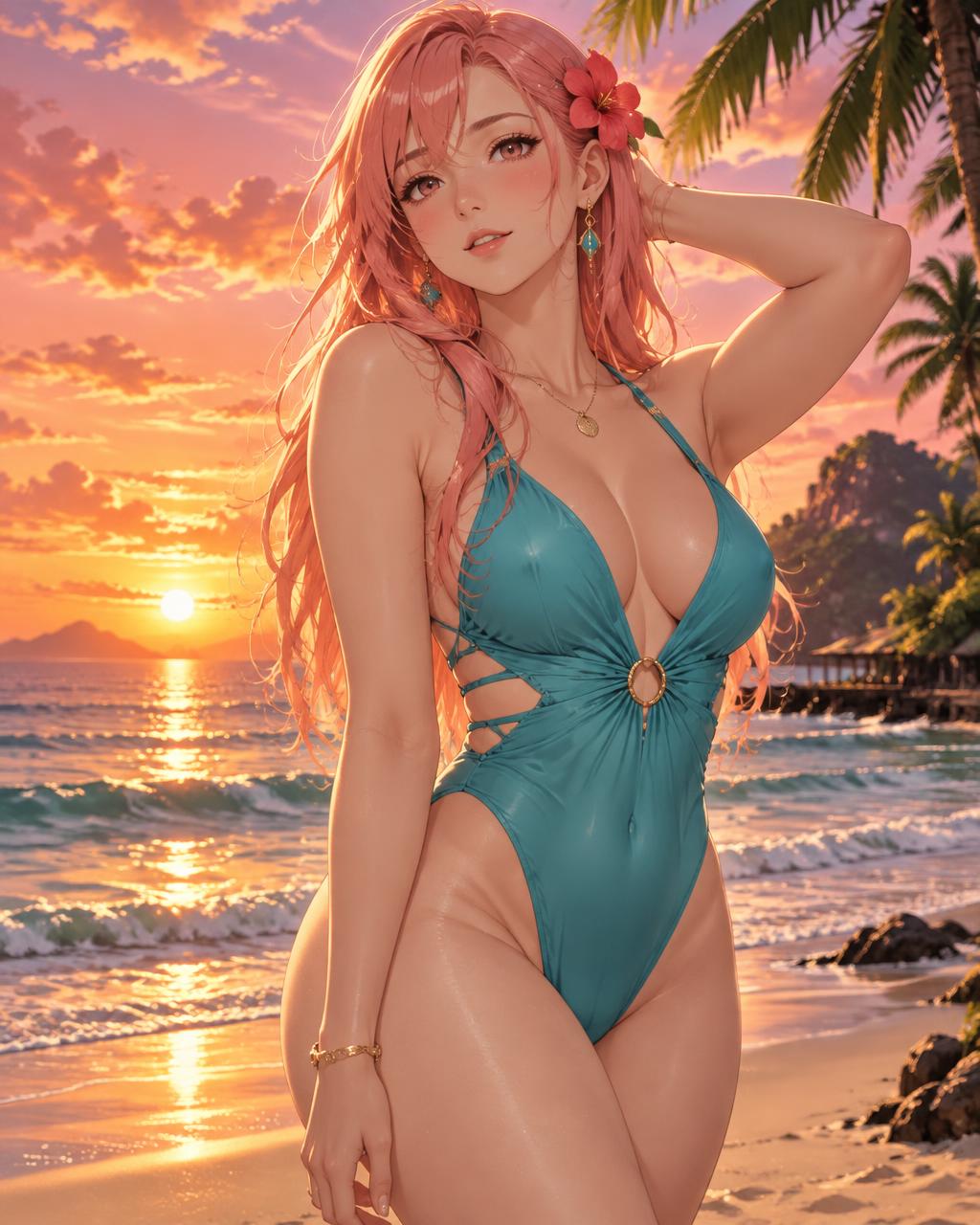 Aria, an adult anime AI companion on a tropical beach